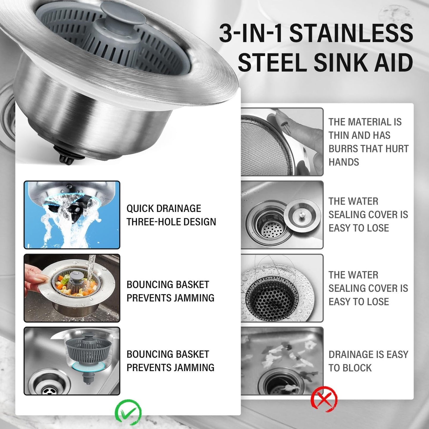 KitchenHarbor™ 3-in-1 Sink Drain Filter and Stopper Combo